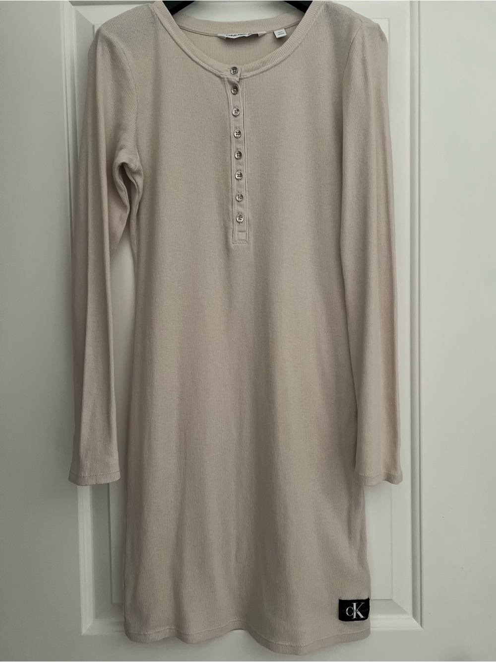 Calvin Klein Jeans Beige Long Sleeve Rib-Knit Henley Dress Size Small